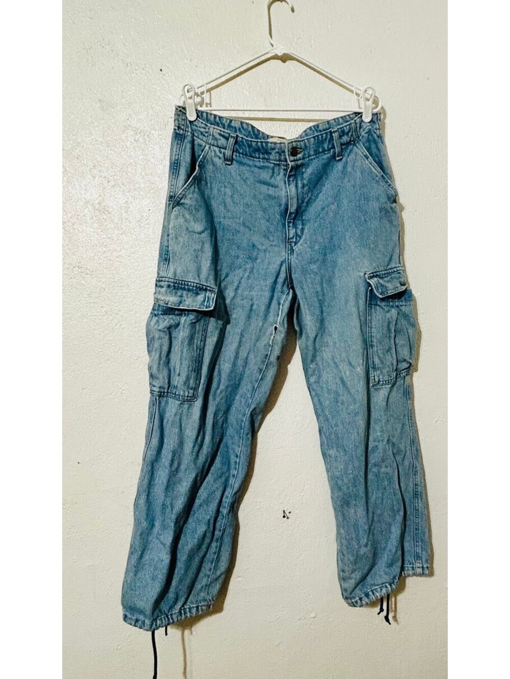 Levi's 94 Baggy Cargo Jeans Light Wash Drawstring Hem Wide Leg Y2K Size 32
